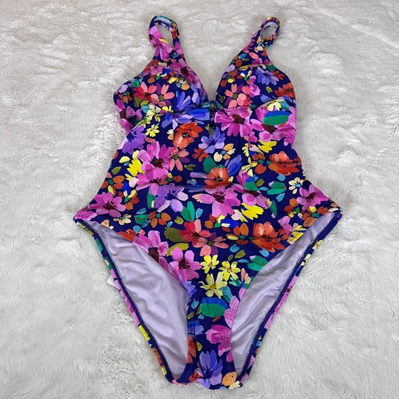 Cupshe Floral One Piece Swimsuit Navy Blue Pink Yellow V-Neck Size Medium NWT - Picture 7 of 12